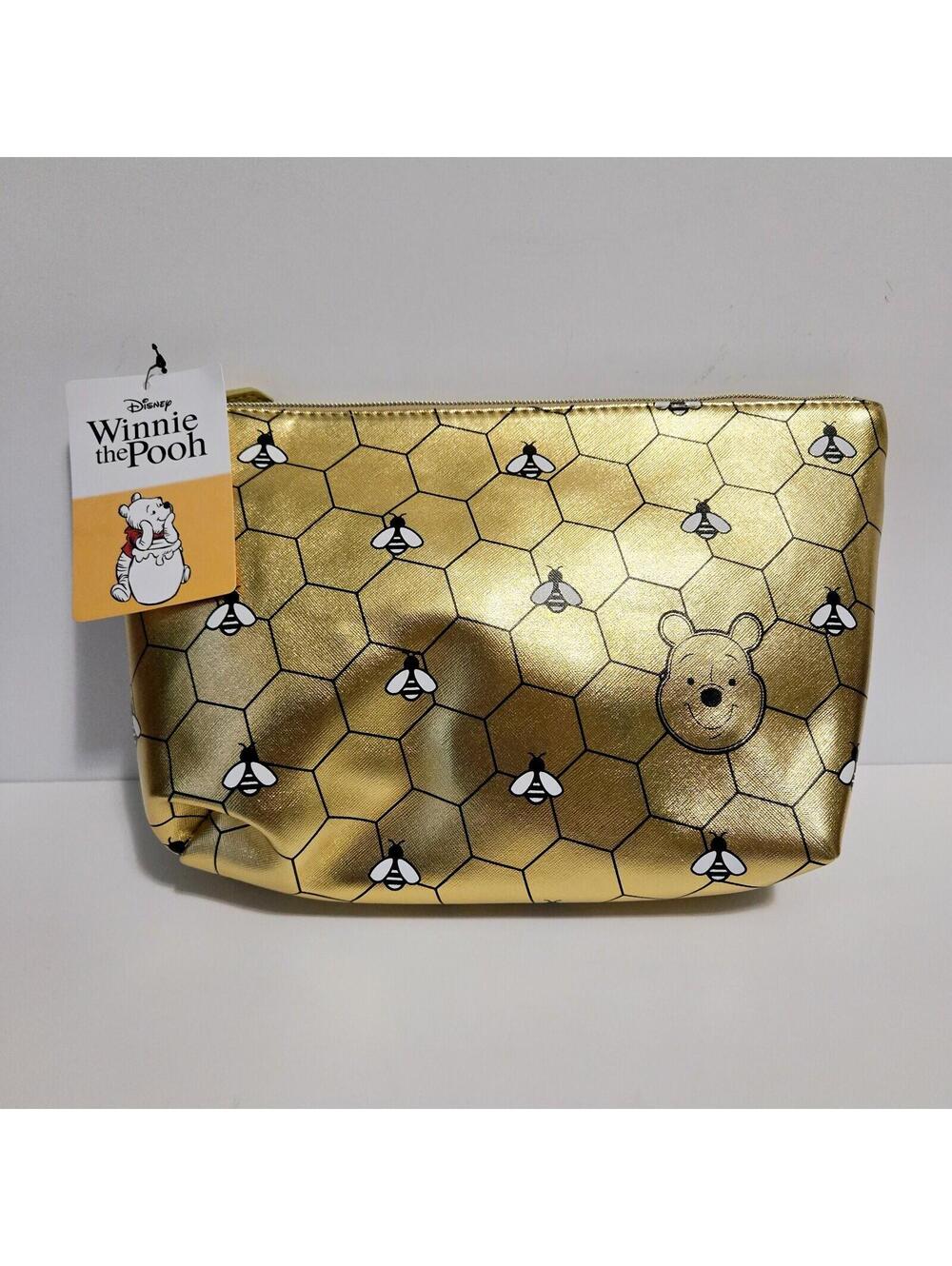 Disney Winnie the Pooh Gold Honey Bees Large Cosmetic Travel Pouch Makeup Bag